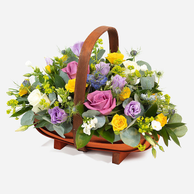 All Aboard - Behold this delightful basket carrying a torrent of summer blooms and a wash with colour.
